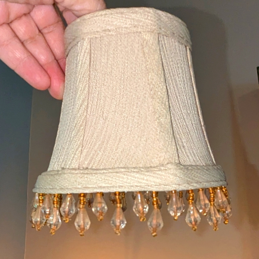 SET OF 9 MINI CHANDELIER SHADES 4 INCH SILK TAN LINED GOLD BEADED VINTAGE 🥰 ❣️